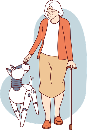 Aged woman walking with robotic dog  Illustration