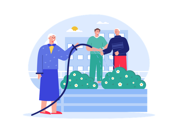 Aged woman watering plant in nursing home  Illustration