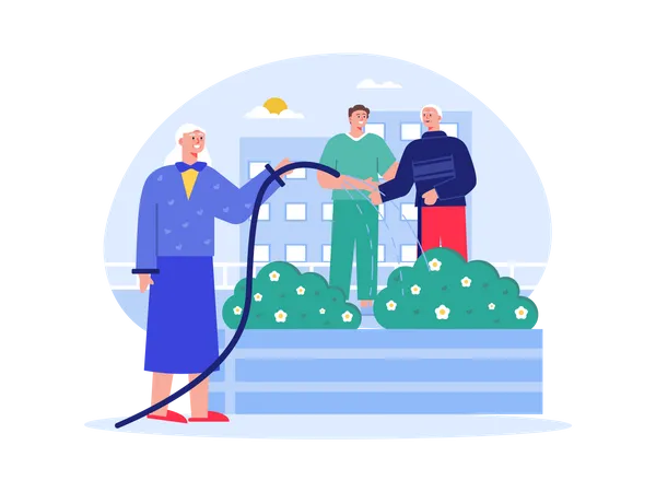 Aged woman watering plant in nursing home  Illustration
