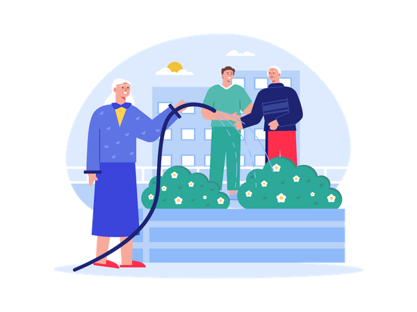 Aged woman watering plant in nursing home  Illustration