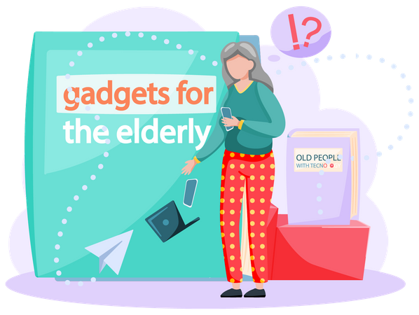 Aged woman with laptop learn to work with computer  Illustration