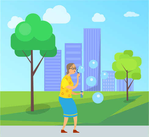 Aged woman with soap bubbles in park  Illustration