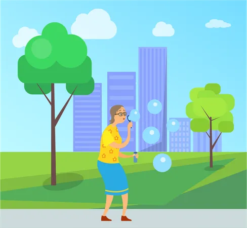 Woman On Retirement Vector Lady Blowing In Ring And Making Soap Bubbles In City Park Cityscape With Buildings And Skyscrapers Senior Person Fun Illustration