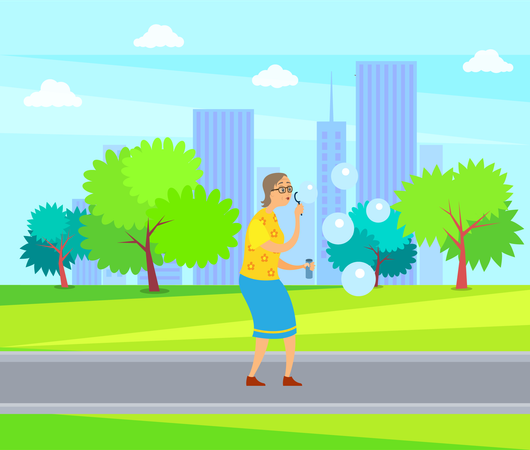 Aged woman with soap bubbles in park  Illustration