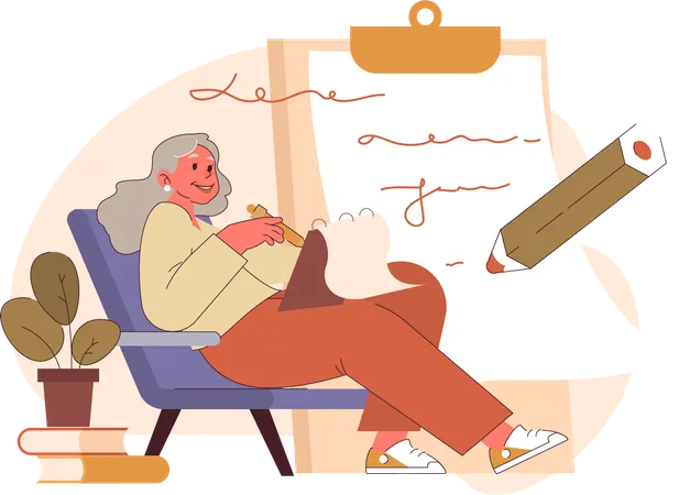 Aged woman writing letter  Illustration