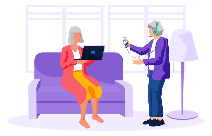 Aged women using laptop and mobile  Illustration