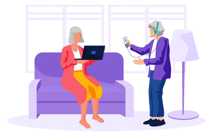 Aged women using laptop and mobile  Illustration