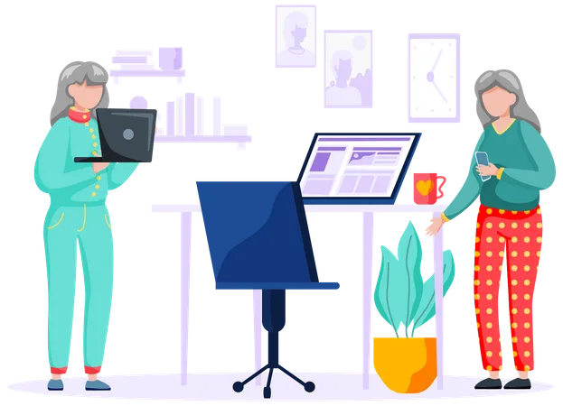 Studying Computer By Elderly People Concept Technology Spread Oldster Education Active Social Life Online Communication Senior Women With Tablet Learning To Use PC And Smartphone Together Illustration