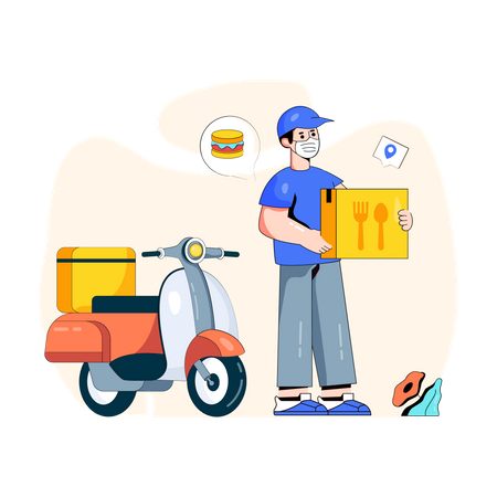 Agent de livraison de nourriture livrant de la nourriture à l'aide d'un scooter  Illustration