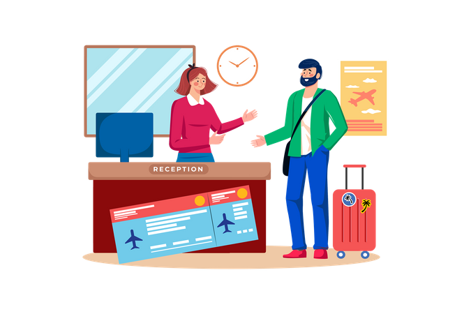 Agent de voyages aidant les clients à réserver des vols et des hébergements pour des vacances  Illustration