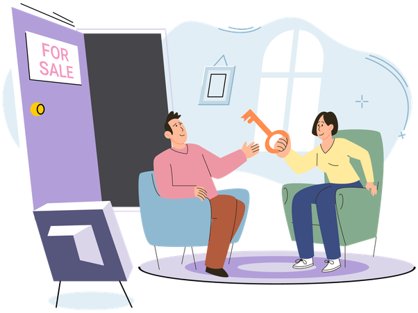 Agent giving house key to buyer  Illustration