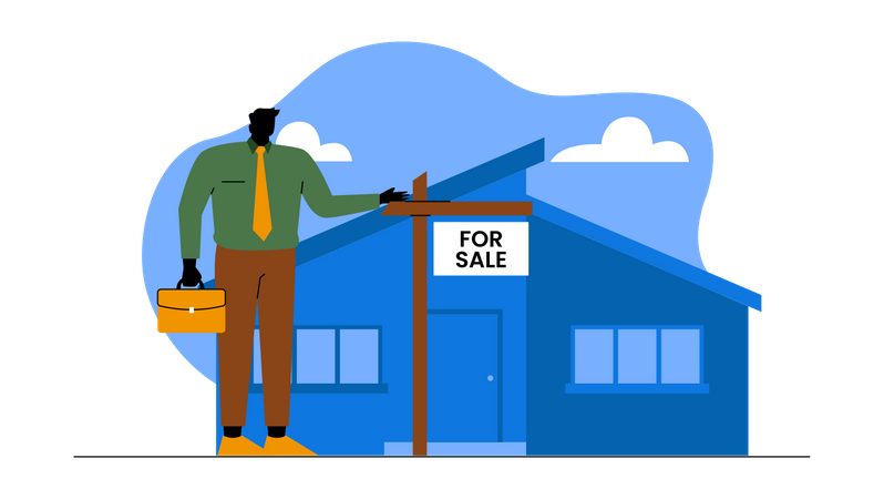 Agent puts up sign with house for sale  Illustration