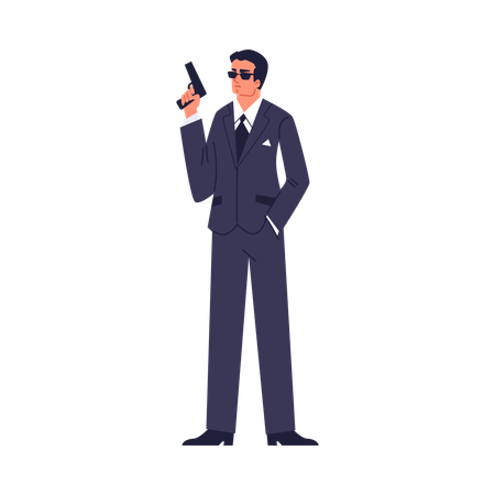 Agent secret spécial en costume sombre et lunettes armé d'un pistolet  Illustration