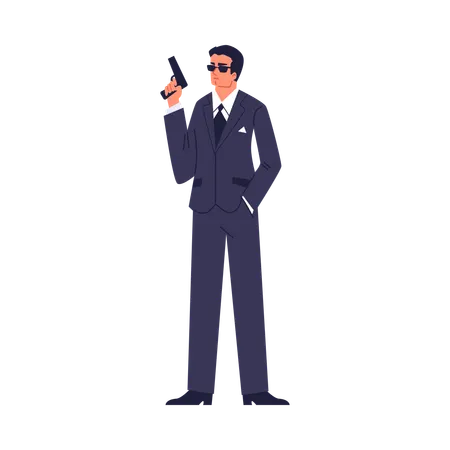 Agent secret spécial en costume sombre et lunettes armé d'un pistolet  Illustration