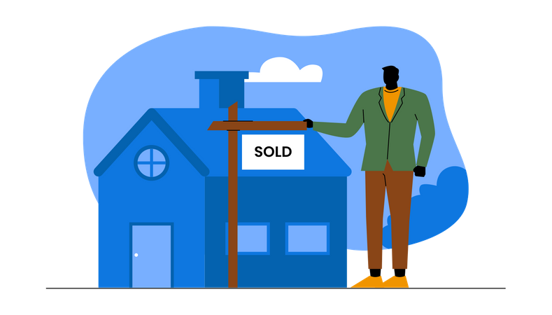 Agent standing next to house sold sign Illustration