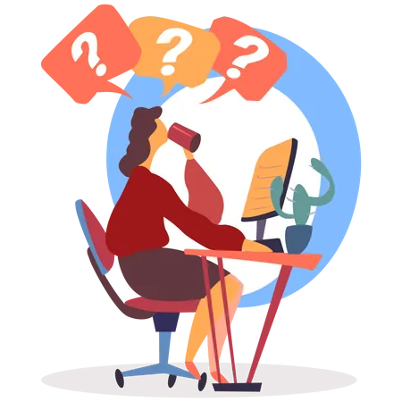 Mulher Sentada Na Cadeira Perto Da Mesa No Escritorio Com O Computador E Tomando Cafe Pessoa Que Trabalha Em Empresa Comercial Senhora Em Seu Local De Trabalho Lista De Verificacao Com Tarefas No Monitor Ilustra O Vetorial Plana Ilustração