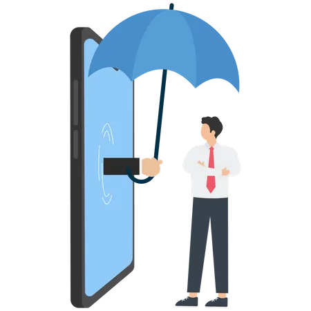 Agente de seguros online usa guarda-chuva para proteger um empresário da chuva  Ilustração