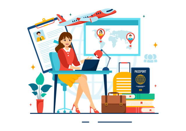 Agente de viajes reserva vuelo internacional  Ilustración