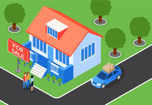 Agente inmobiliario mostrando casa a los clientes.  Ilustración