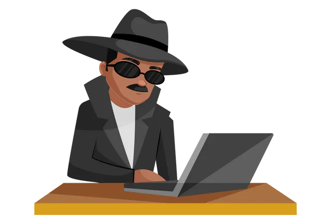 Agente secreto trabajando en una computadora portátil  Ilustración