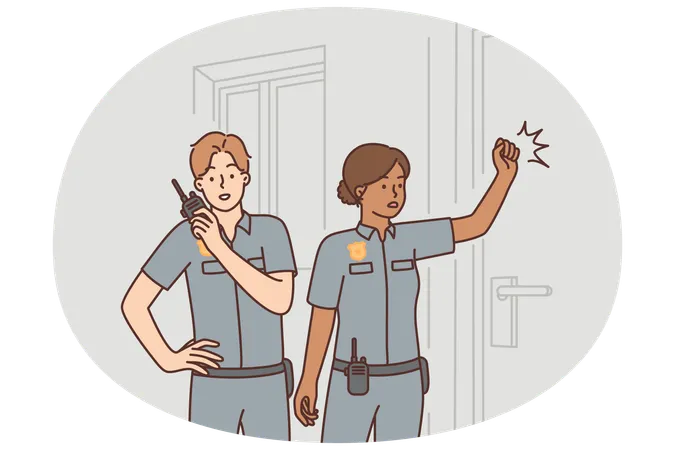Los agentes de policía llaman a la puerta al llegar de guardia tras un robo y necesitan una investigación del sheriff.  Ilustración