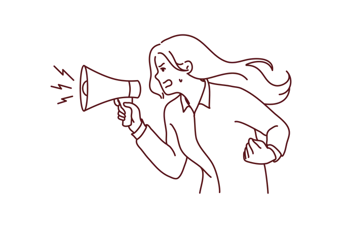 Aggressive lady holding megaphone and announcing  Illustration