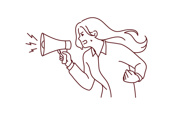 Aggressive lady holding megaphone and announcing  Illustration