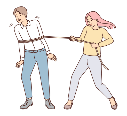Aggressive lady tied man with rope Illustration