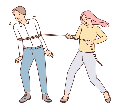 Aggressive lady tied man with rope  Illustration