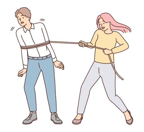 Aggressive lady tied man with rope  Illustration