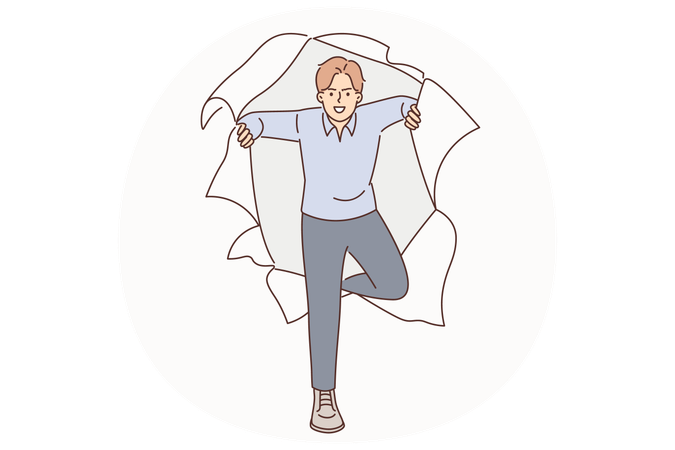 Aggressive man breaks through hole in torn paper  Illustration