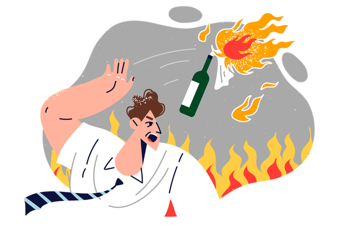 Aggressive man throws gasoline bottle to set fire to buildings  Illustration