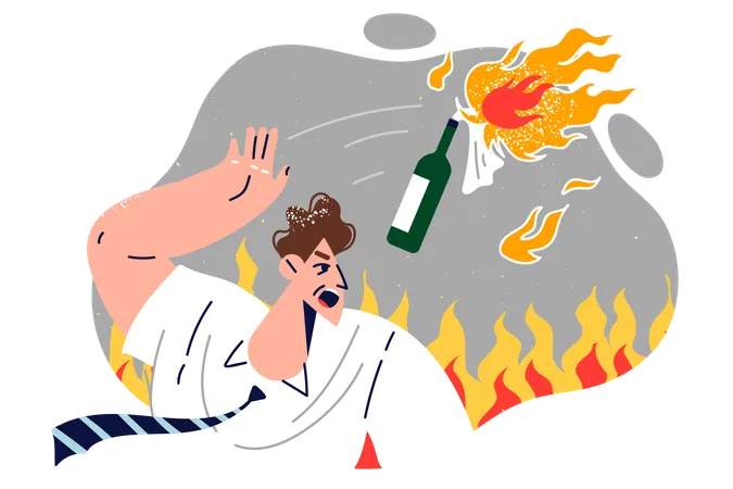 Aggressive man throws gasoline bottle to set fire to buildings  Illustration