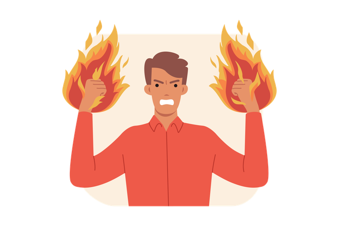 Aggressive man with flames on fists  Illustration