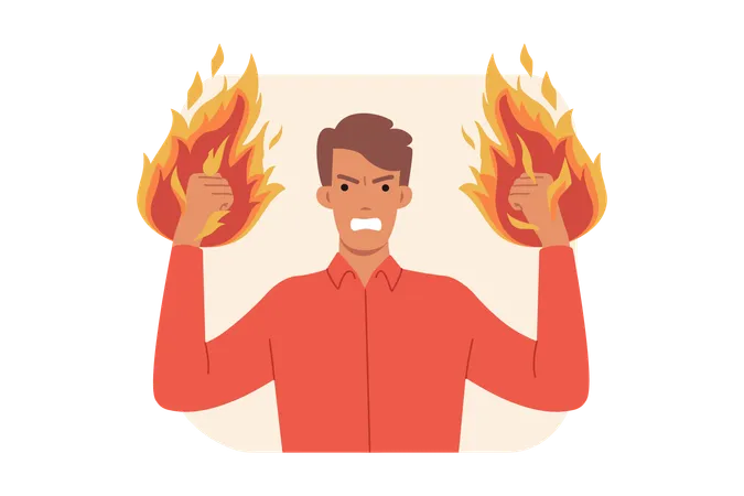 Aggressive man with flames on fists  Illustration