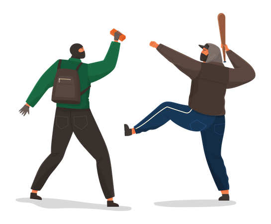Aggressive men with a baseball bat and brick  Illustration