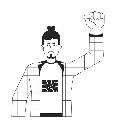 Aggressive Protester Flat Line Black White Vector Character Man Clenching Fist Disappointed Editable Outline Half Body Person Simple Cartoon Isolated Spot Illustration For Web Graphic Design Illustration