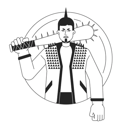 Aggressive Punk With Baseball Bat Flat Line Black White Vector Character Rebel Angry Young Man Weapon Editable Outline Half Body Person Simple Cartoon Isolated Spot Illustration For Web Graphic Design Illustration