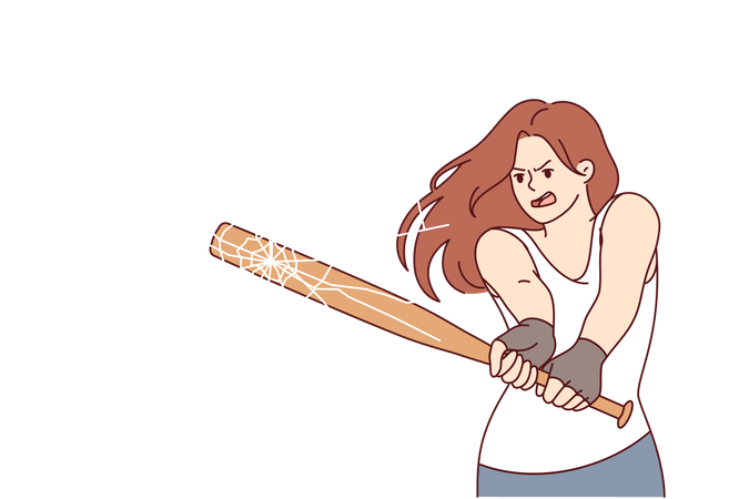 Aggressive woman breaks glass with baseball bat to break into store and commit robbery  イラスト