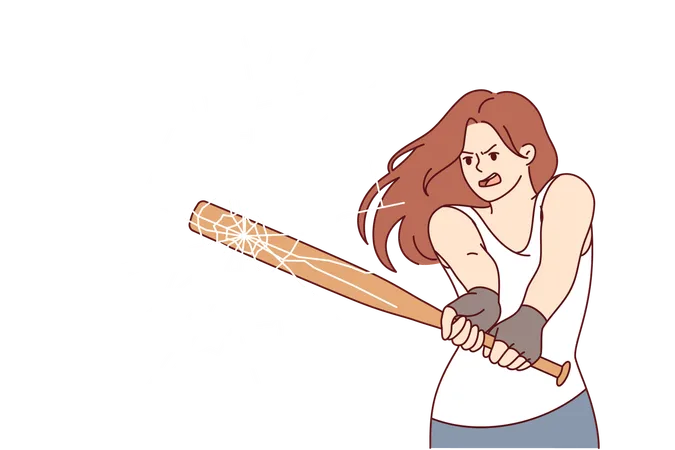 Aggressive woman breaks glass with baseball bat to break into store and commit robbery  Illustration