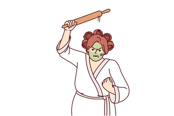 Aggressive woman holding rolling pin and threatening to be beaten  イラスト