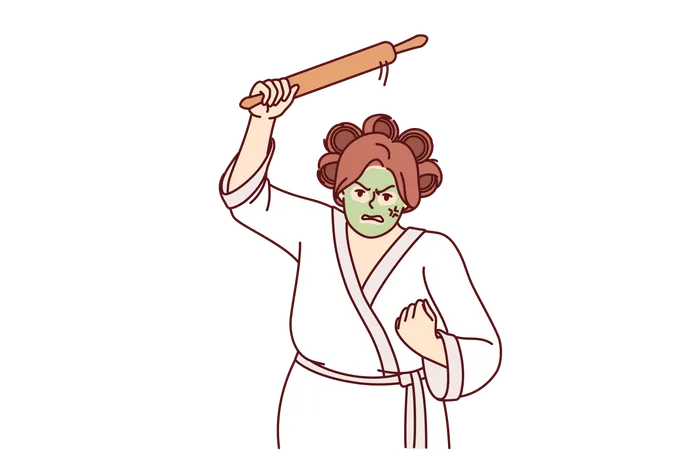 Aggressive Woman Holding Rolling Pin And Threatening To Be Beaten Dressed In Bathrobe With Curlers And Cosmetic Face Mask Funny Housewife With Unbalanced Psyche Demonstrates Aggressive Mood イラスト