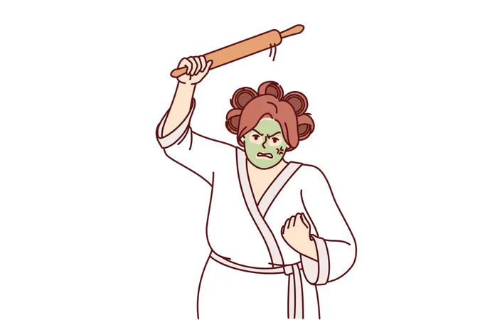 Aggressive woman holding rolling pin and threatening to be beaten  Illustration