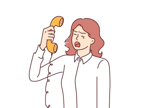 Aggressive Woman Secretary Screams Into Telephone Arguing With Clients Or Partners Because Of Violation Of Agreements Aggressive Businesswoman Getting Angry At Interlocutor During Negotiations Illustration