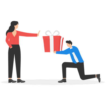 Aggressive woman says no for gift to man  Illustration