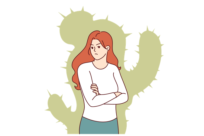 Aggressive woman with cactus silhouette suffers from lack of friends  Illustration