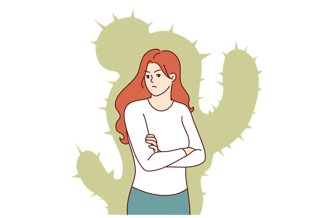 Aggressive woman with cactus silhouette suffers from lack of friends  Illustration