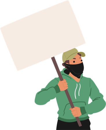 Aggressiver Mann mit Kapuzenpullover und schwarzer Maske hält leeres Protestschild hoch  Illustration