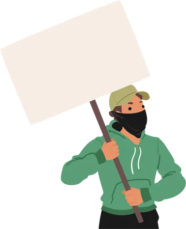 Aggressiver Mann mit Kapuzenpullover und schwarzer Maske hält leeres Protestschild hoch  Illustration