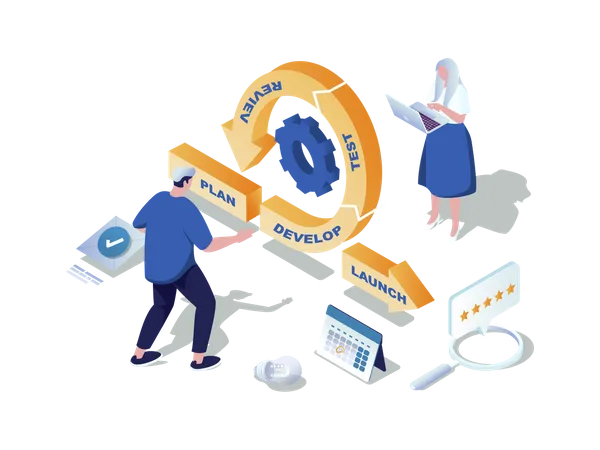 Agile Development Concept 3 D Isometric Web Scene People Working With Process Of Plan Develop Software Test Review Launch And Other Devops Cycle Vector Illustration In Isometry Graphic Design Illustration